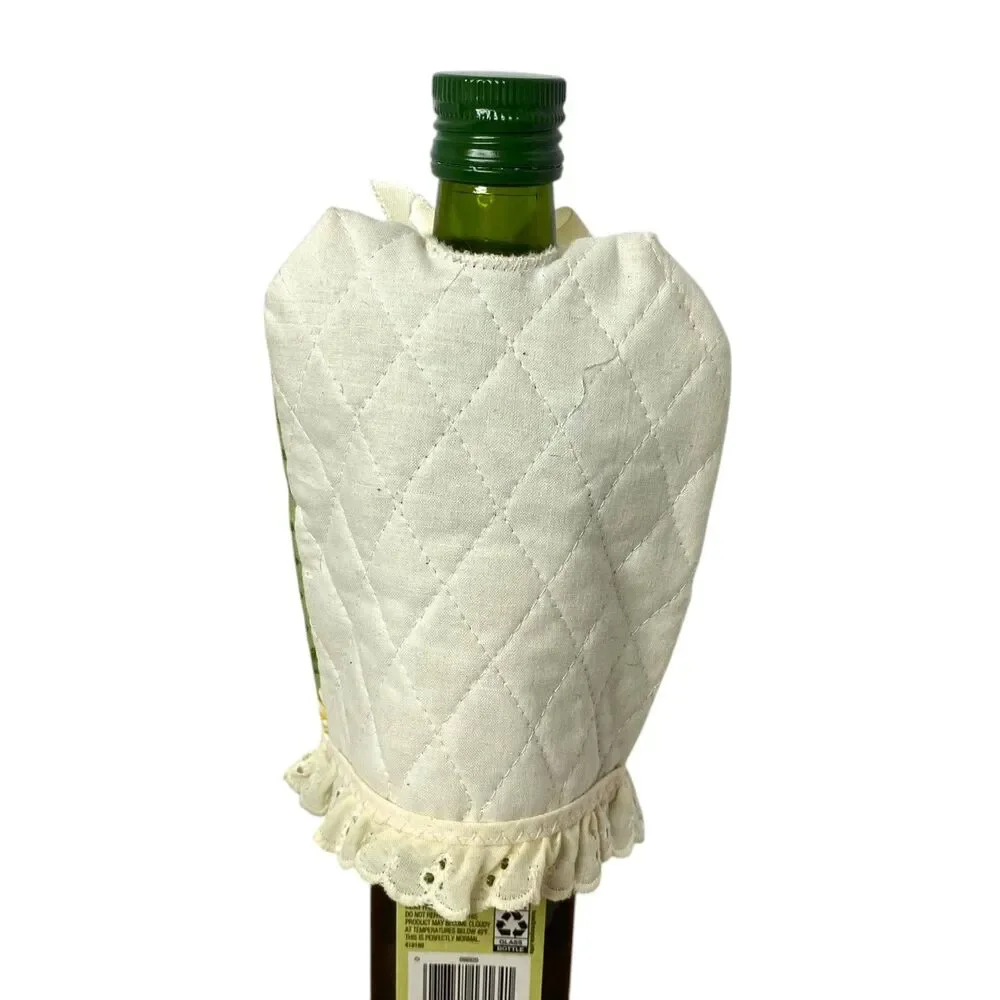Vintage Quilted Ruffled Wine, Bottle or Olive Oil Topper Floral Green
